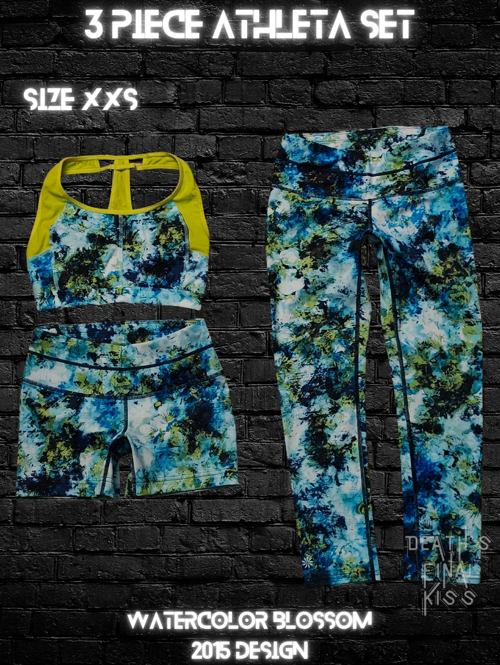 3 Piece Athleta Set Watercolor Blossom Leggings Shorts Sports Bra Blue Green XXS